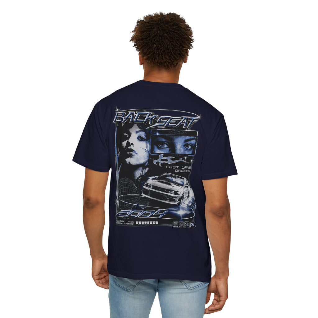 BACKSEAT Midnight Blue Graphic T-Shirt — Retro Racing Streetwear Tee