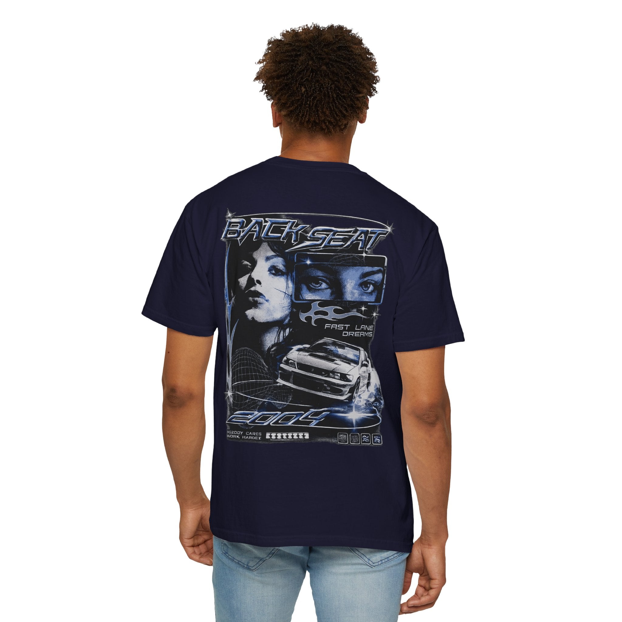 BACKSEAT Midnight Blue Graphic T-Shirt — Retro Racing Streetwear Tee