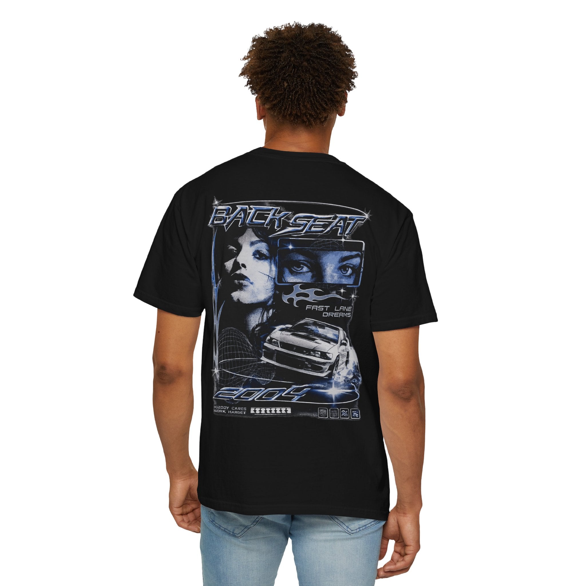 BACKSEAT Midnight Blue Graphic T-Shirt — Retro Racing Streetwear Tee