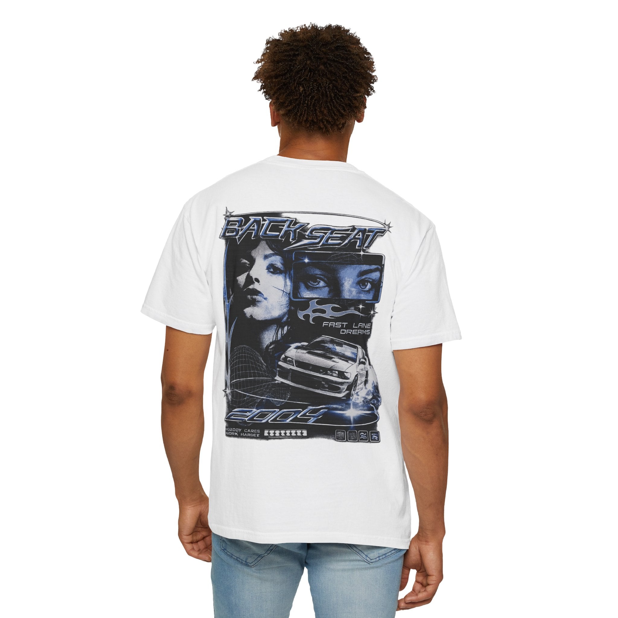 BACKSEAT Midnight Blue Graphic T-Shirt — Retro Racing Streetwear Tee