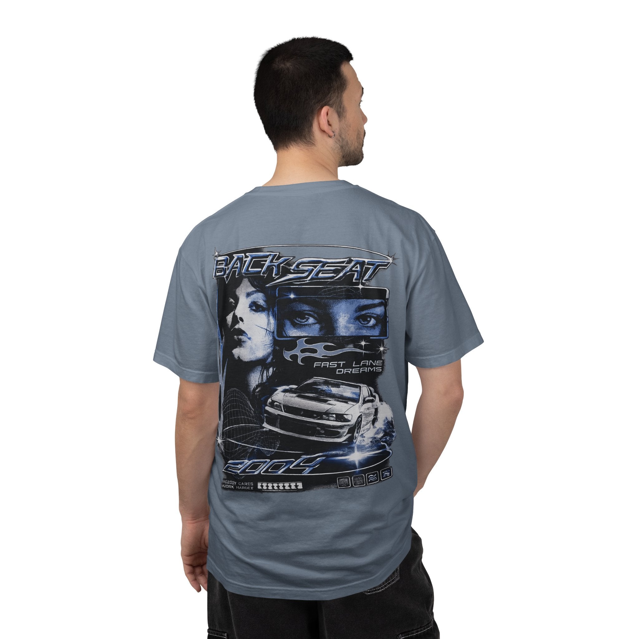 BACKSEAT Midnight Blue Graphic T-Shirt — Retro Racing Streetwear Tee
