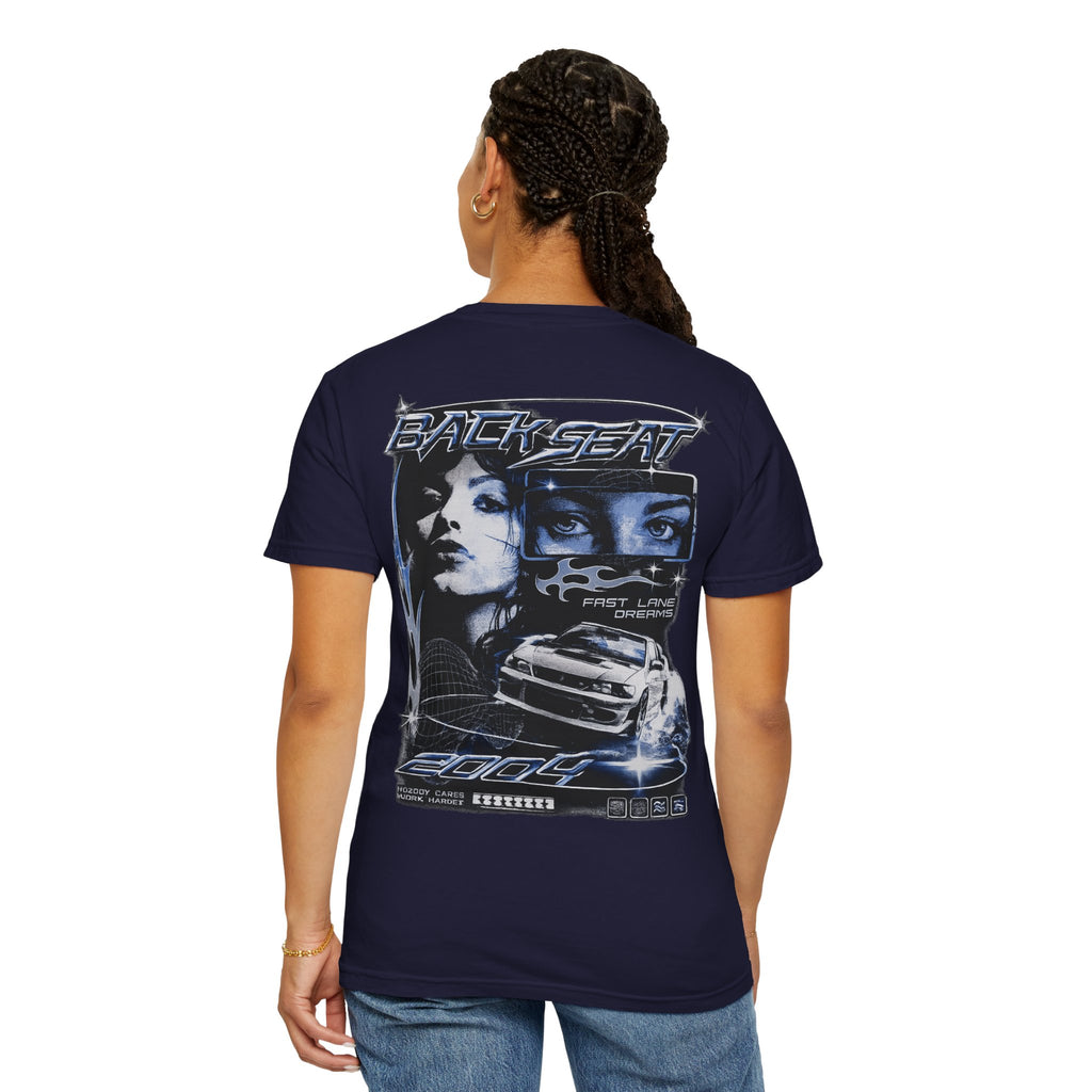 BACKSEAT Midnight Blue Graphic T-Shirt — Retro Racing Streetwear Tee
