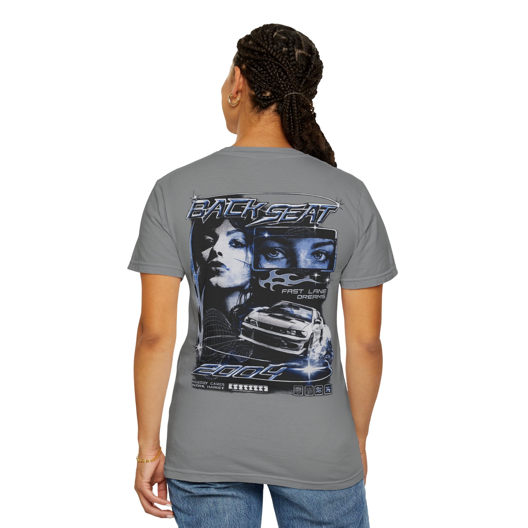 BACKSEAT Midnight Blue Graphic T-Shirt — Retro Racing Streetwear Tee