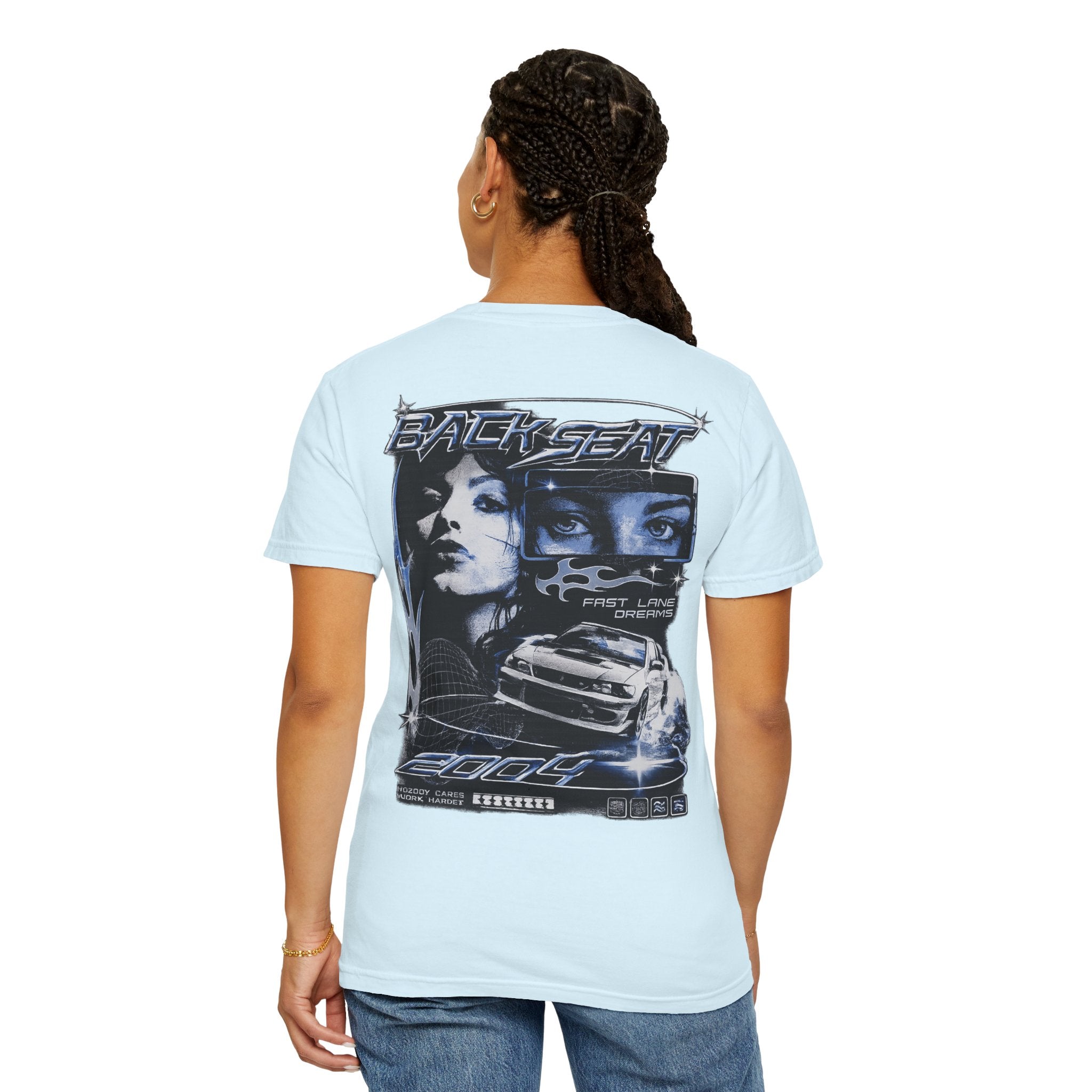 BACKSEAT Midnight Blue Graphic T-Shirt — Retro Racing Streetwear Tee
