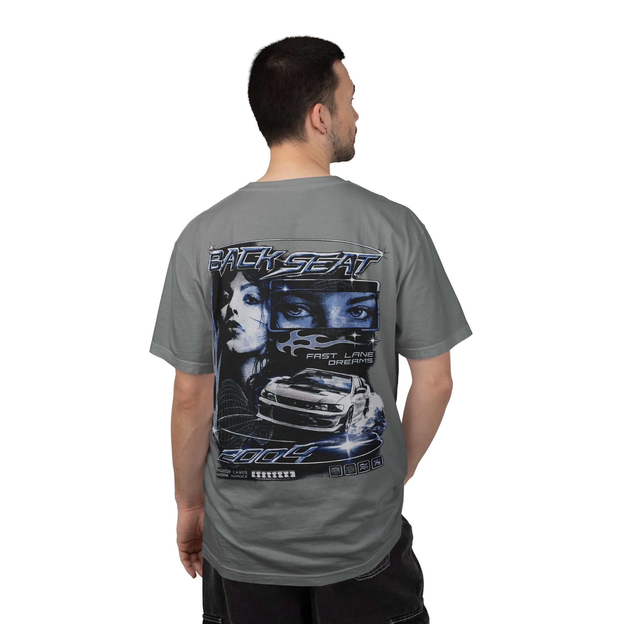 BACKSEAT Midnight Blue Graphic T-Shirt — Retro Racing Streetwear Tee