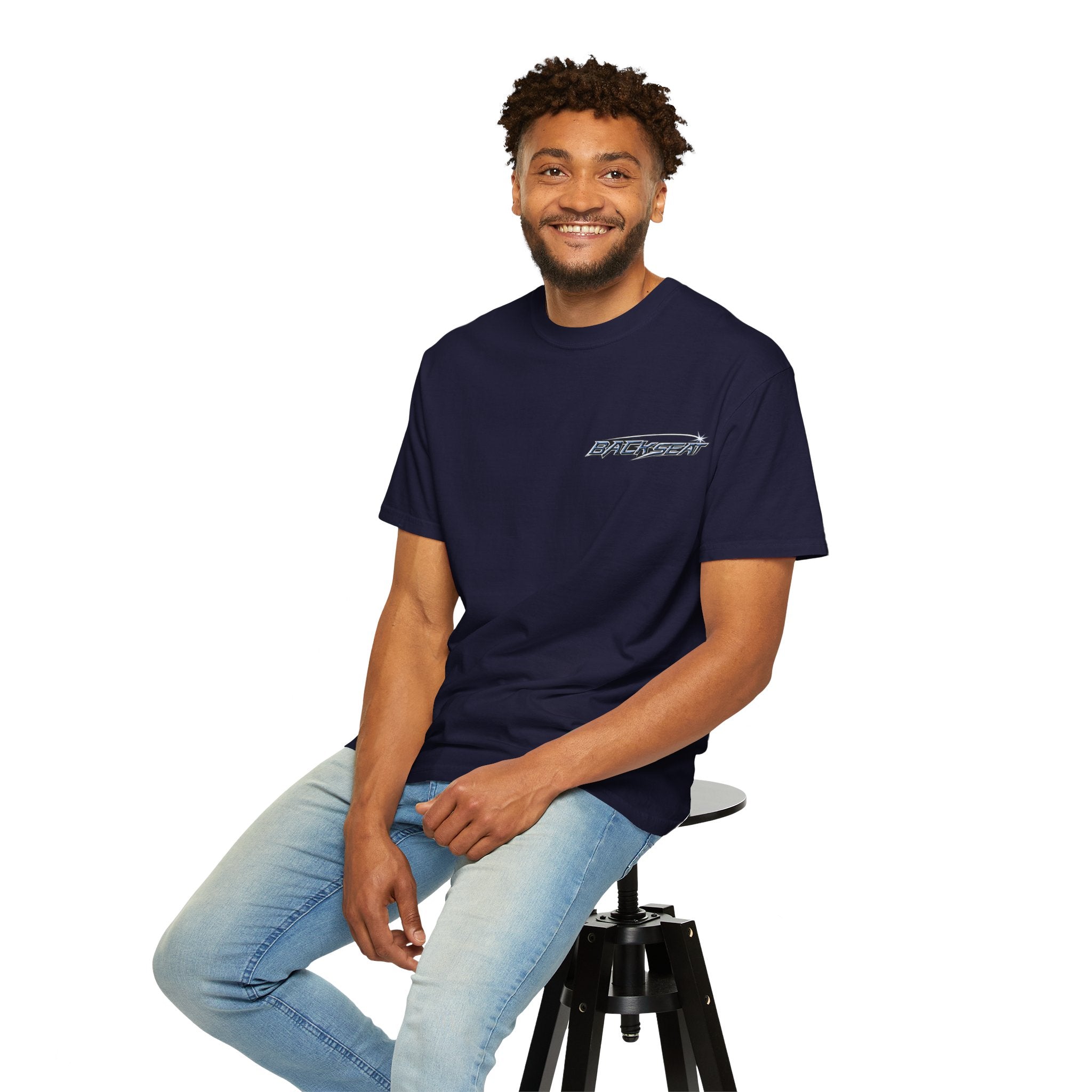 BACKSEAT Midnight Blue Graphic T-Shirt — Retro Racing Streetwear Tee