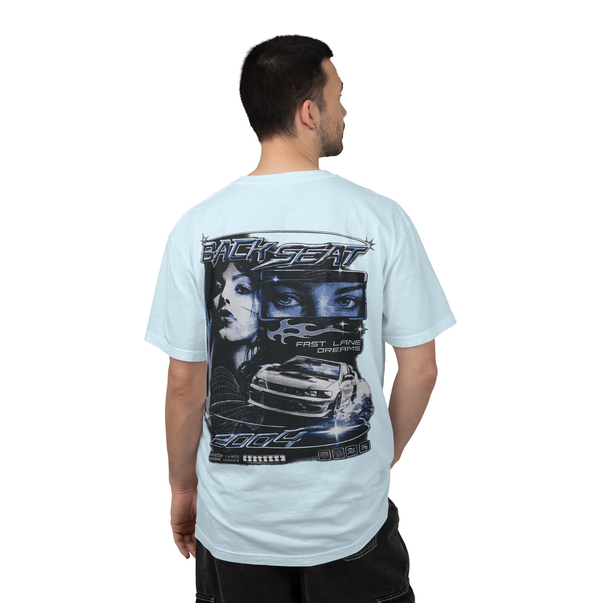 BACKSEAT Midnight Blue Graphic T-Shirt — Retro Racing Streetwear Tee