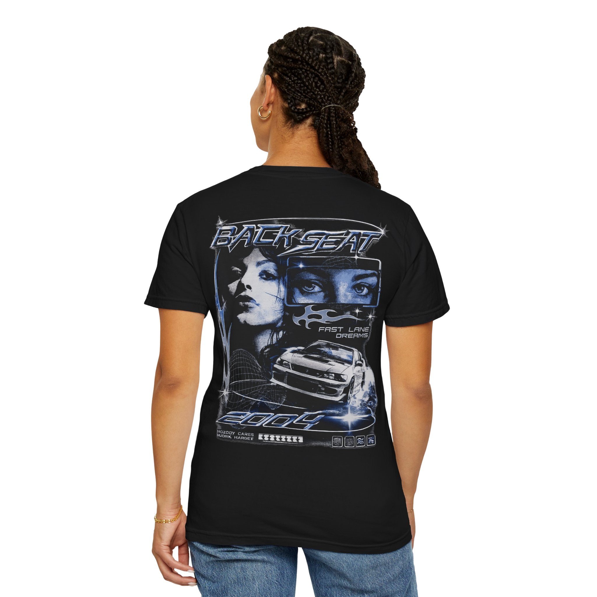 BACKSEAT Midnight Blue Graphic T-Shirt — Retro Racing Streetwear Tee