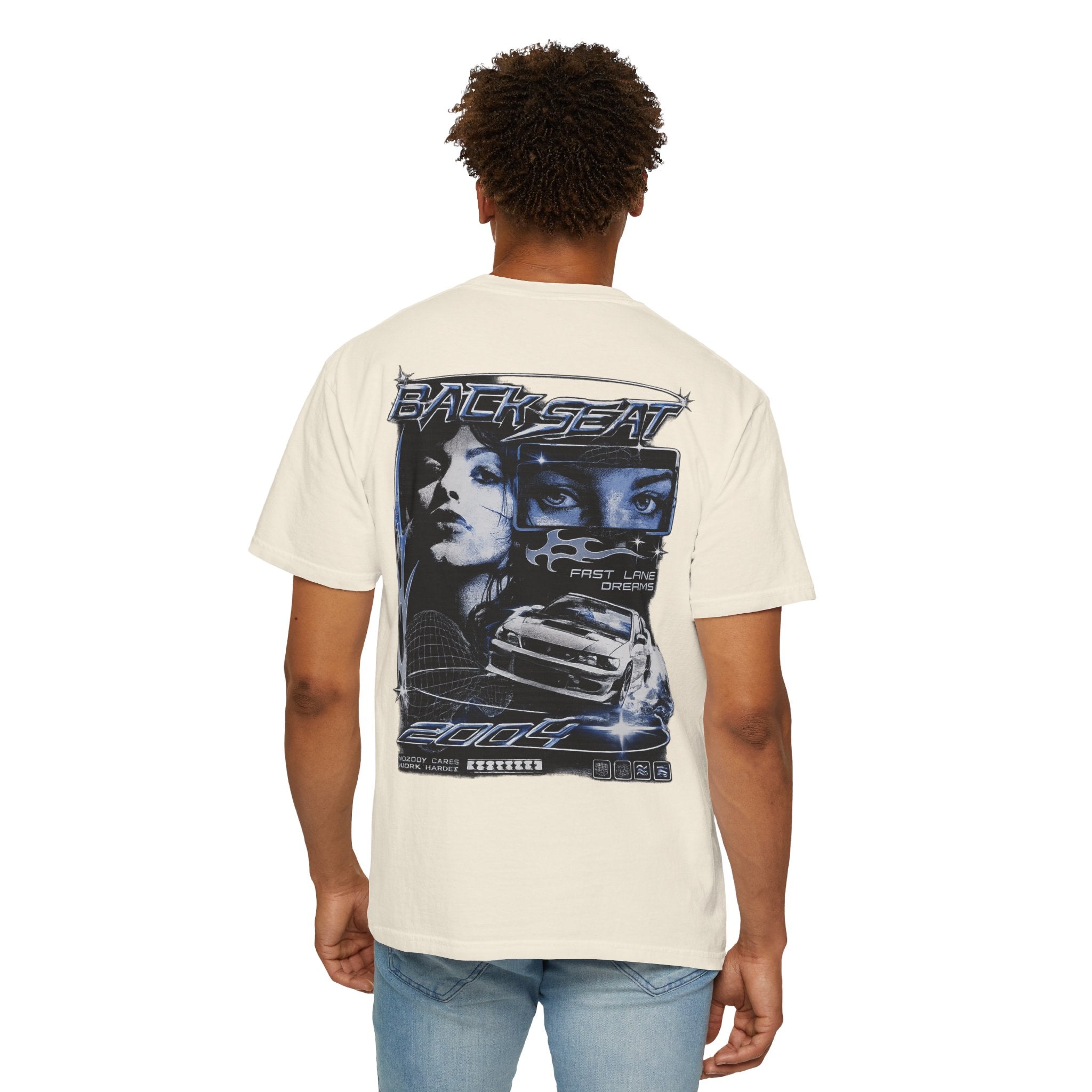 BACKSEAT Midnight Blue Graphic T-Shirt — Retro Racing Streetwear Tee