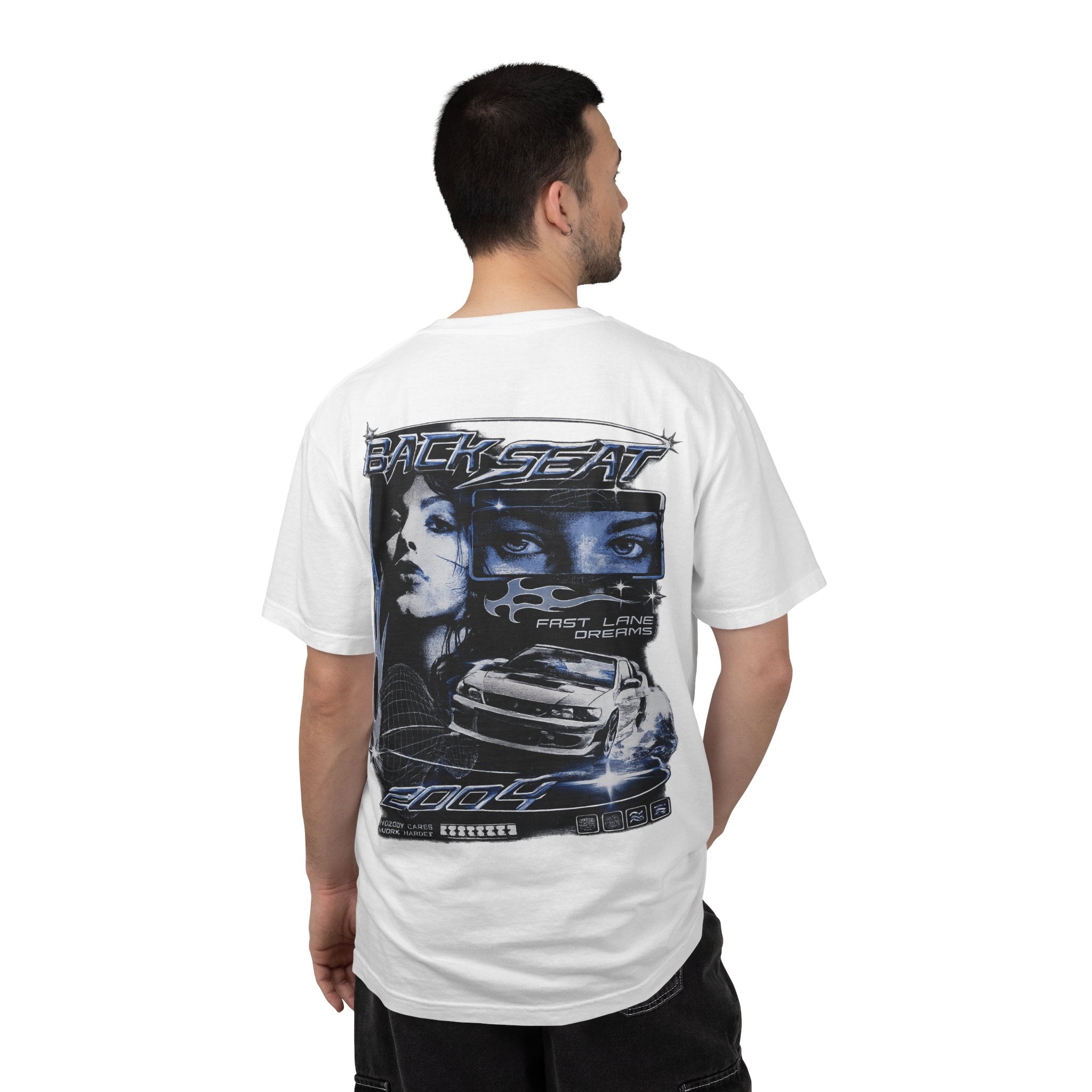 BACKSEAT Midnight Blue Graphic T-Shirt — Retro Racing Streetwear Tee