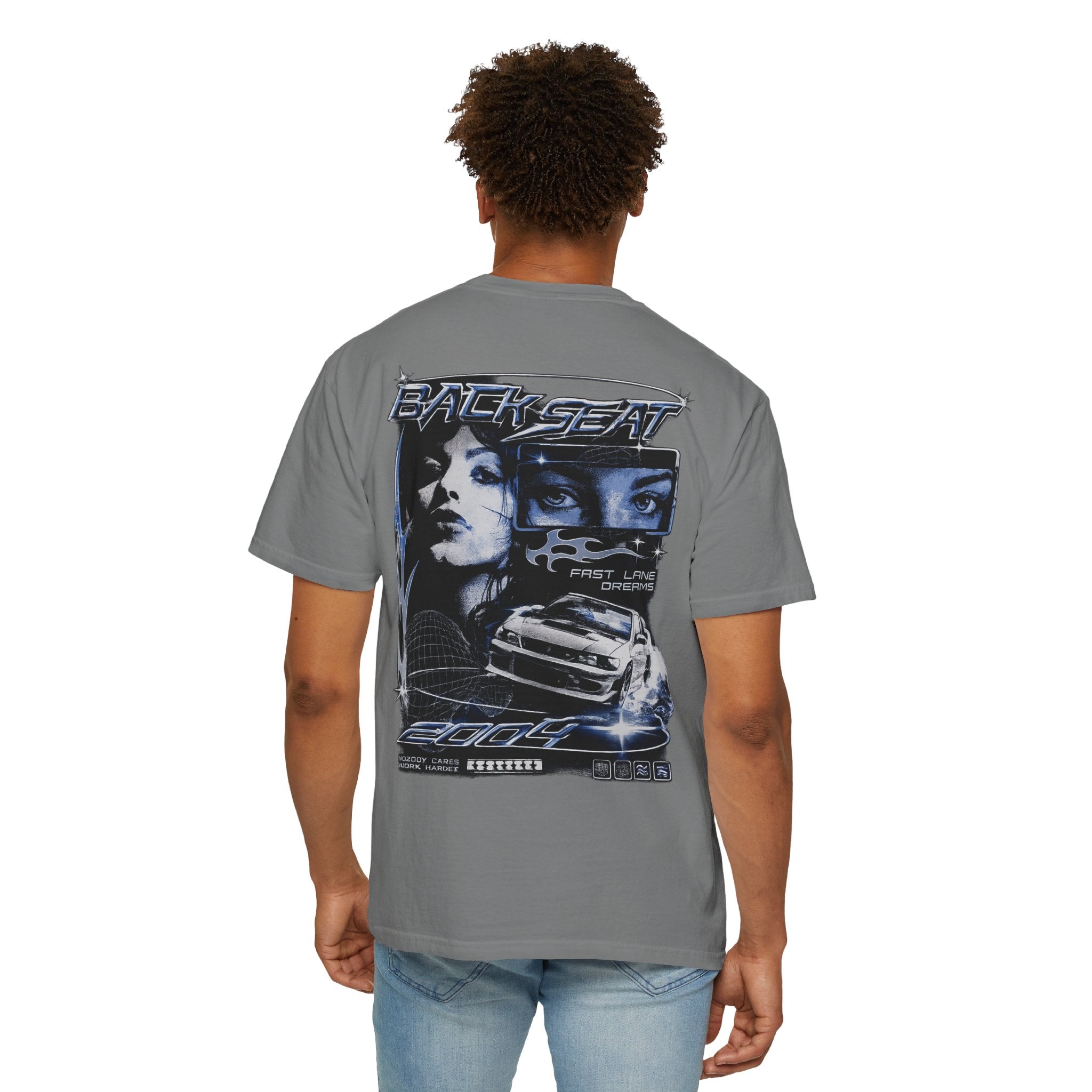 BACKSEAT Midnight Blue Graphic T-Shirt — Retro Racing Streetwear Tee