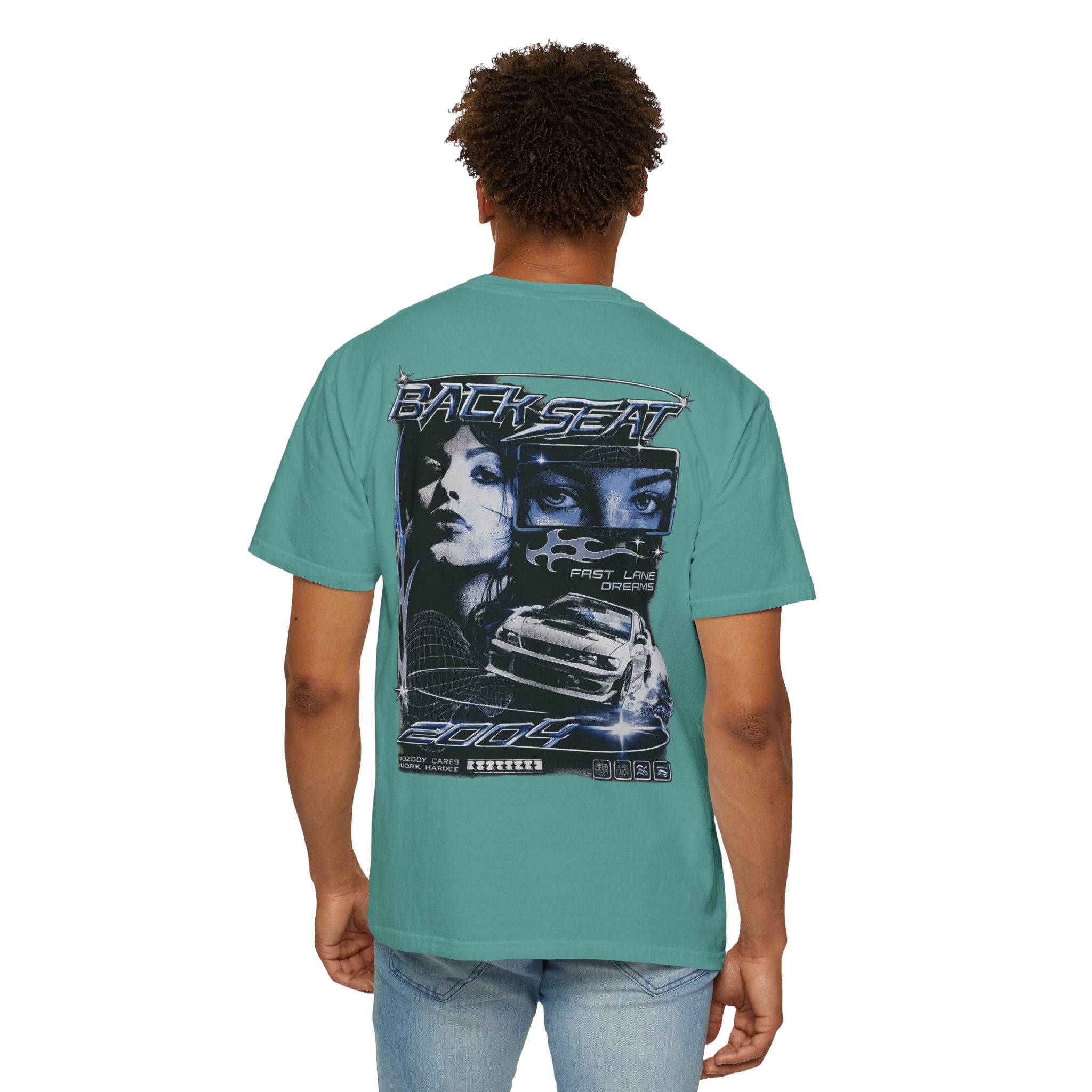 BACKSEAT Midnight Blue Graphic T-Shirt — Retro Racing Streetwear Tee