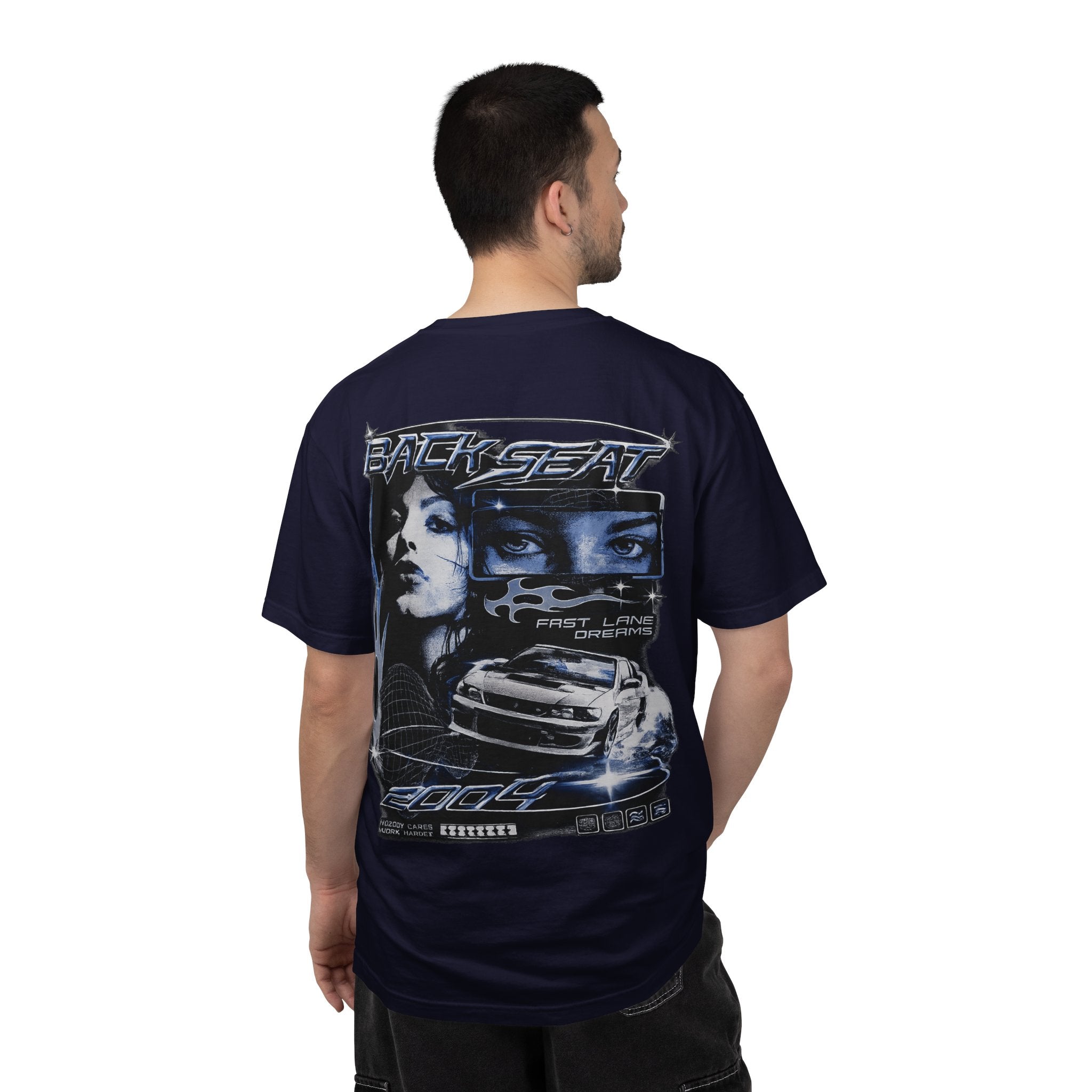 BACKSEAT Midnight Blue Graphic T-Shirt — Retro Racing Streetwear Tee