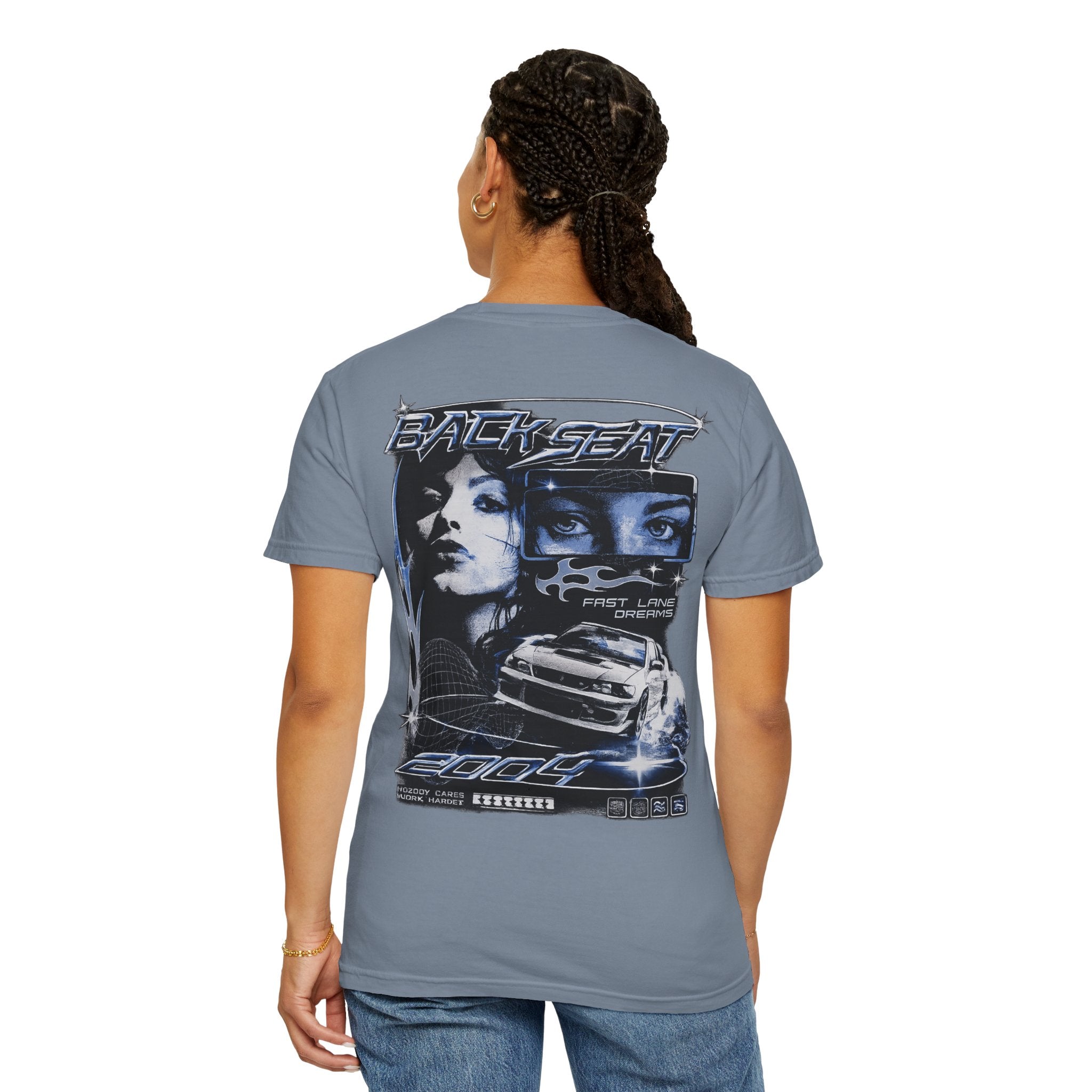 BACKSEAT Midnight Blue Graphic T-Shirt — Retro Racing Streetwear Tee