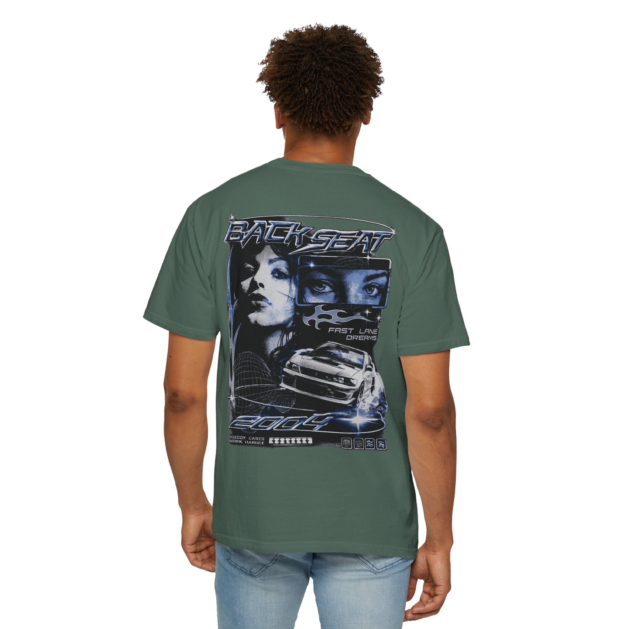 BACKSEAT Midnight Blue Graphic T-Shirt — Retro Racing Streetwear Tee