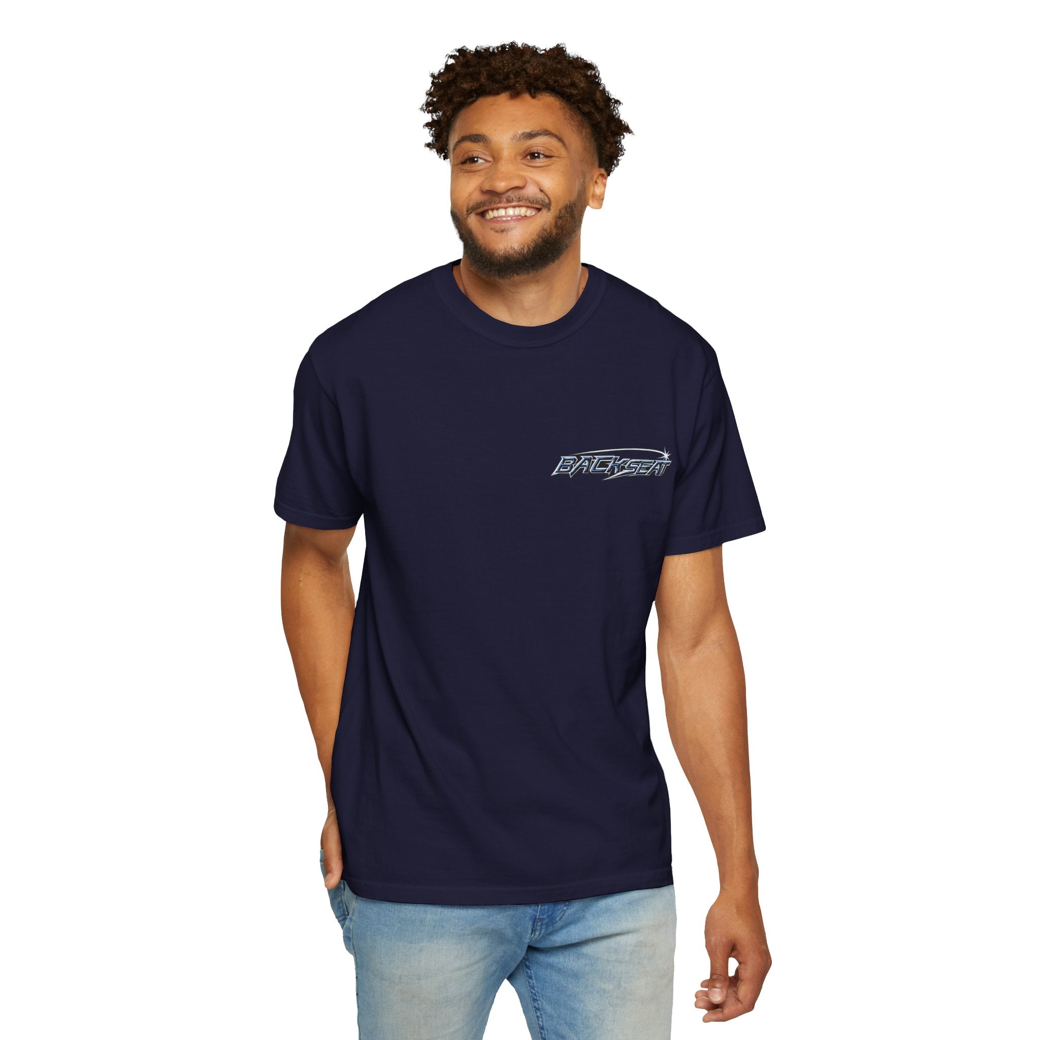 BACKSEAT Midnight Blue Graphic T-Shirt — Retro Racing Streetwear Tee