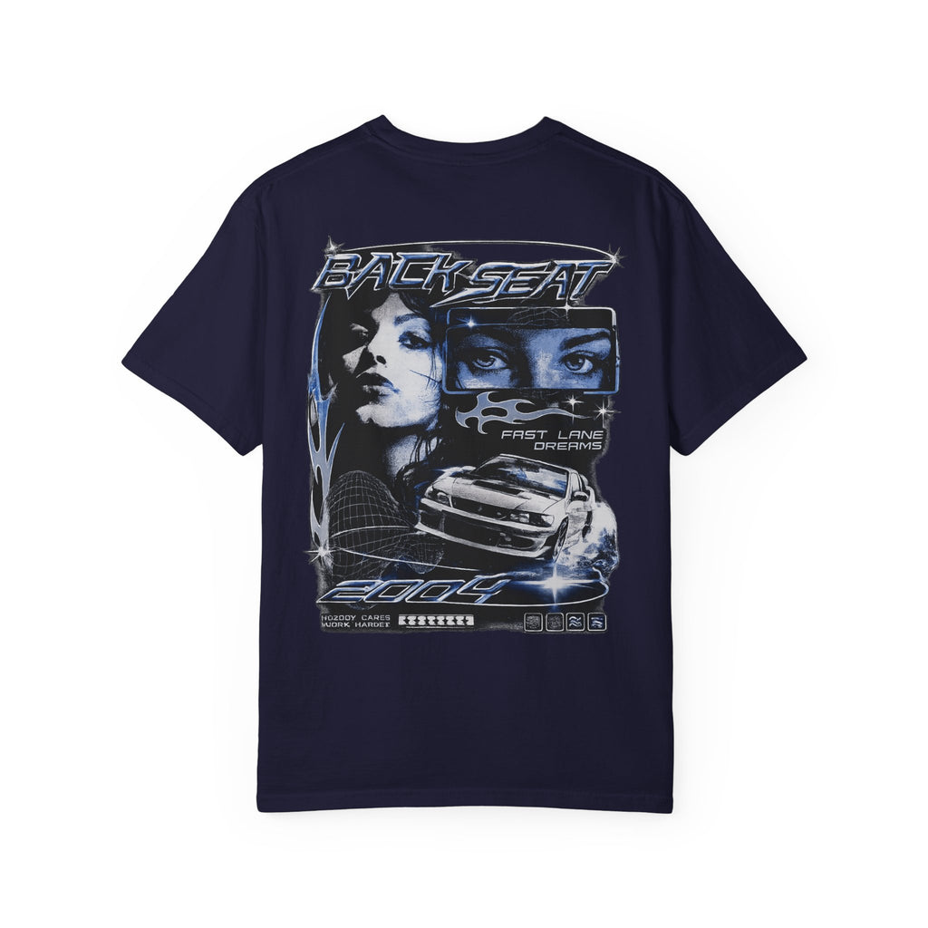 BACKSEAT Midnight Blue Graphic T-Shirt — Retro Racing Streetwear Tee