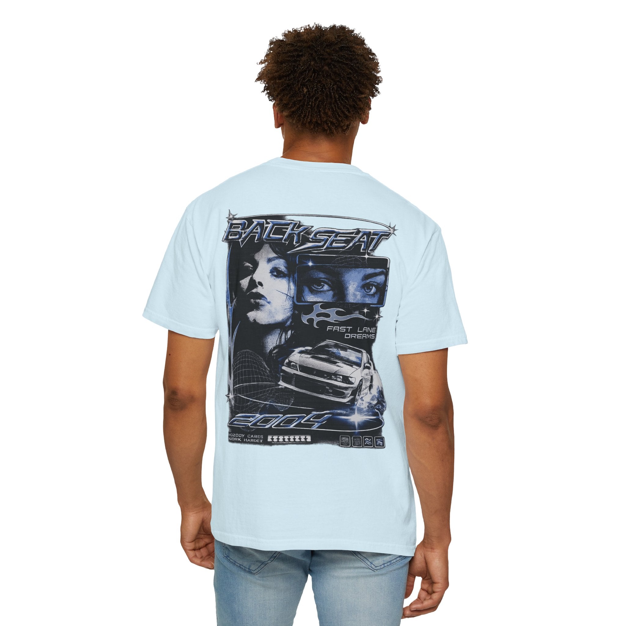 BACKSEAT Midnight Blue Graphic T-Shirt — Retro Racing Streetwear Tee