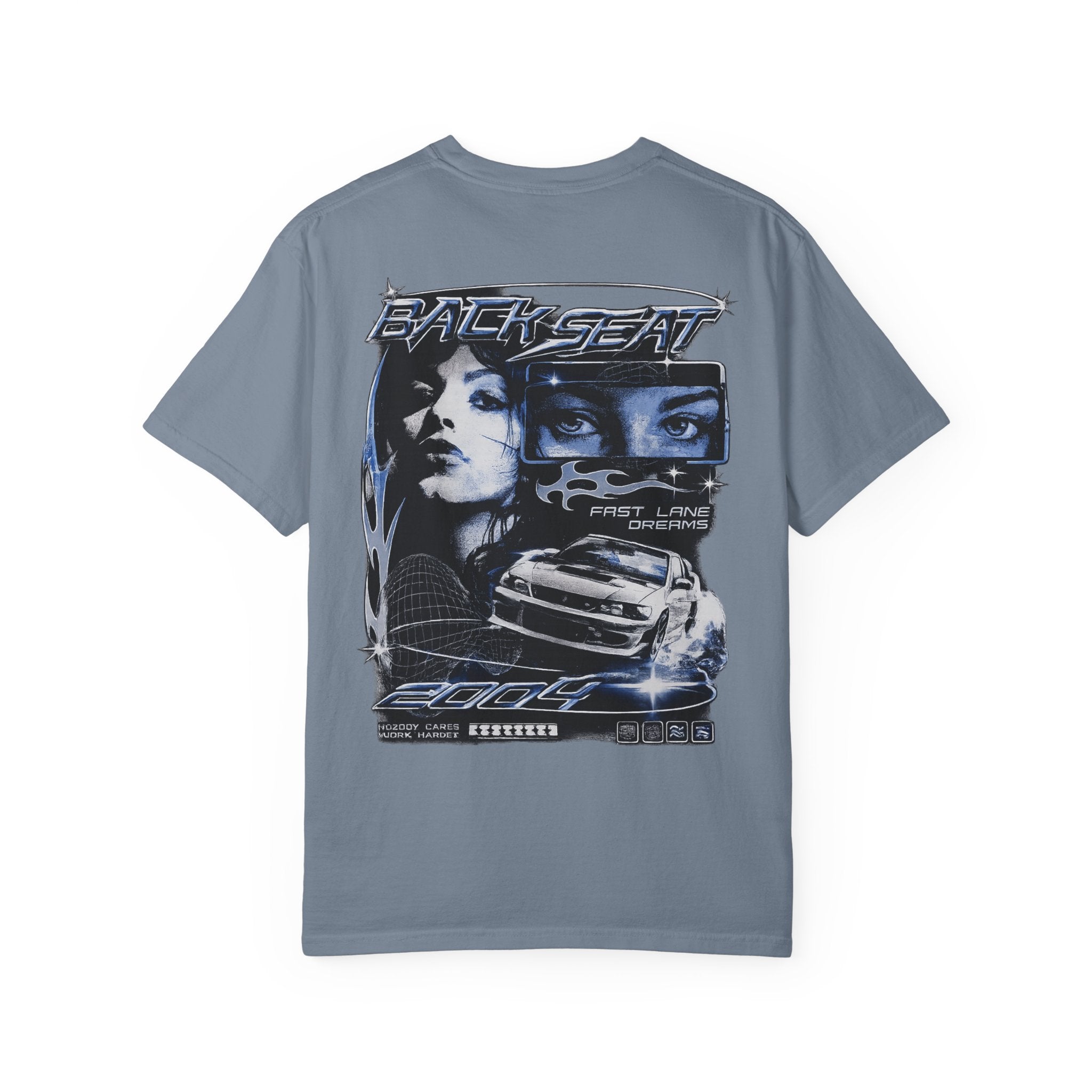 BACKSEAT Midnight Blue Graphic T-Shirt — Retro Racing Streetwear Tee