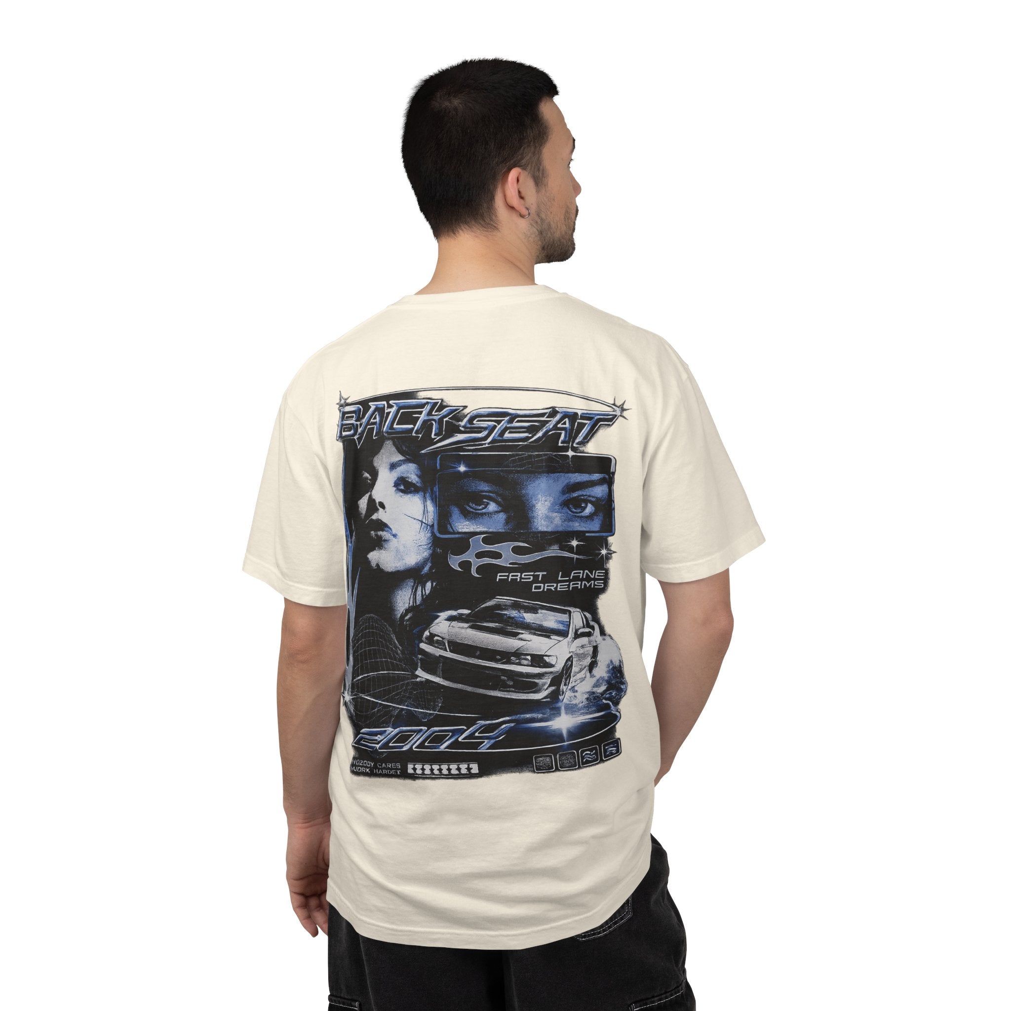 BACKSEAT Midnight Blue Graphic T-Shirt — Retro Racing Streetwear Tee