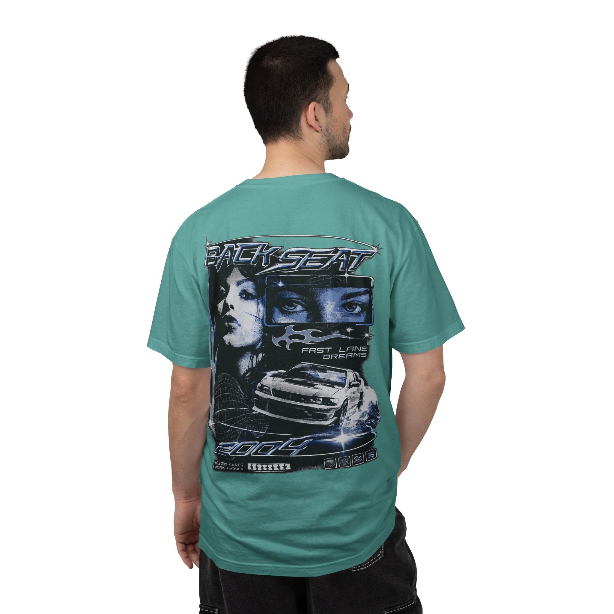 BACKSEAT Midnight Blue Graphic T-Shirt — Retro Racing Streetwear Tee