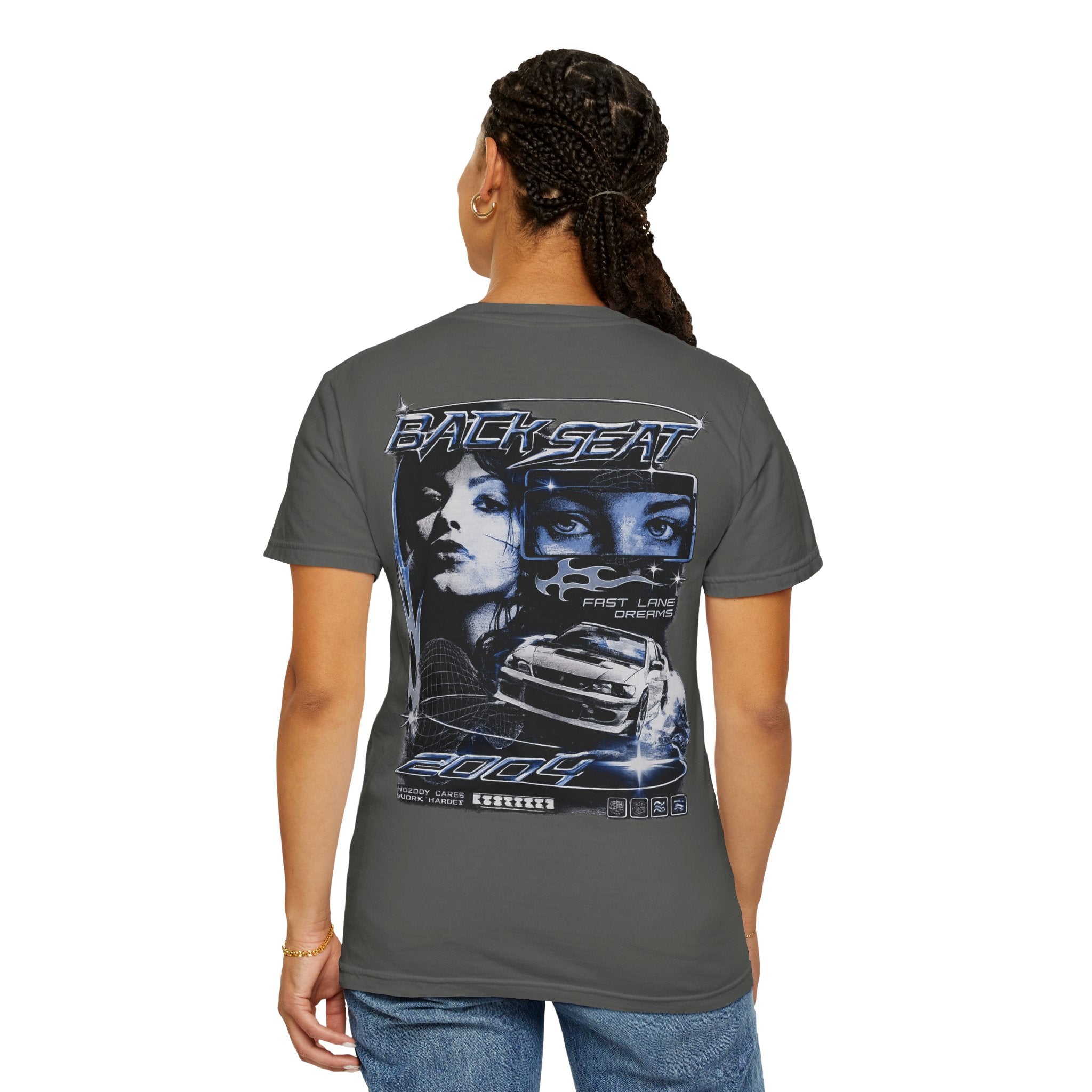 BACKSEAT Midnight Blue Graphic T-Shirt — Retro Racing Streetwear Tee