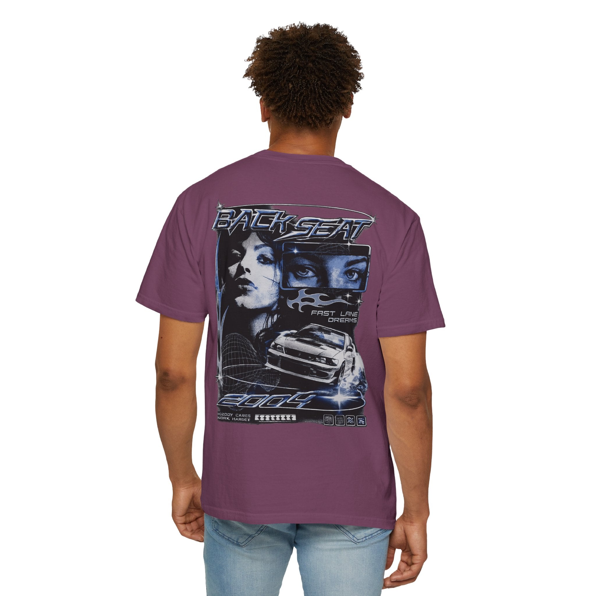 BACKSEAT Midnight Blue Graphic T-Shirt — Retro Racing Streetwear Tee