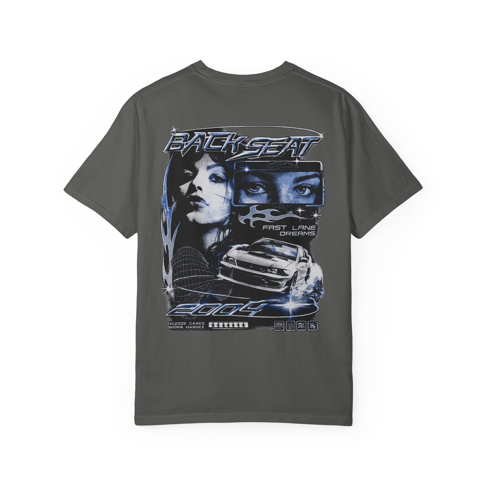 BACKSEAT Midnight Blue Graphic T-Shirt — Retro Racing Streetwear Tee