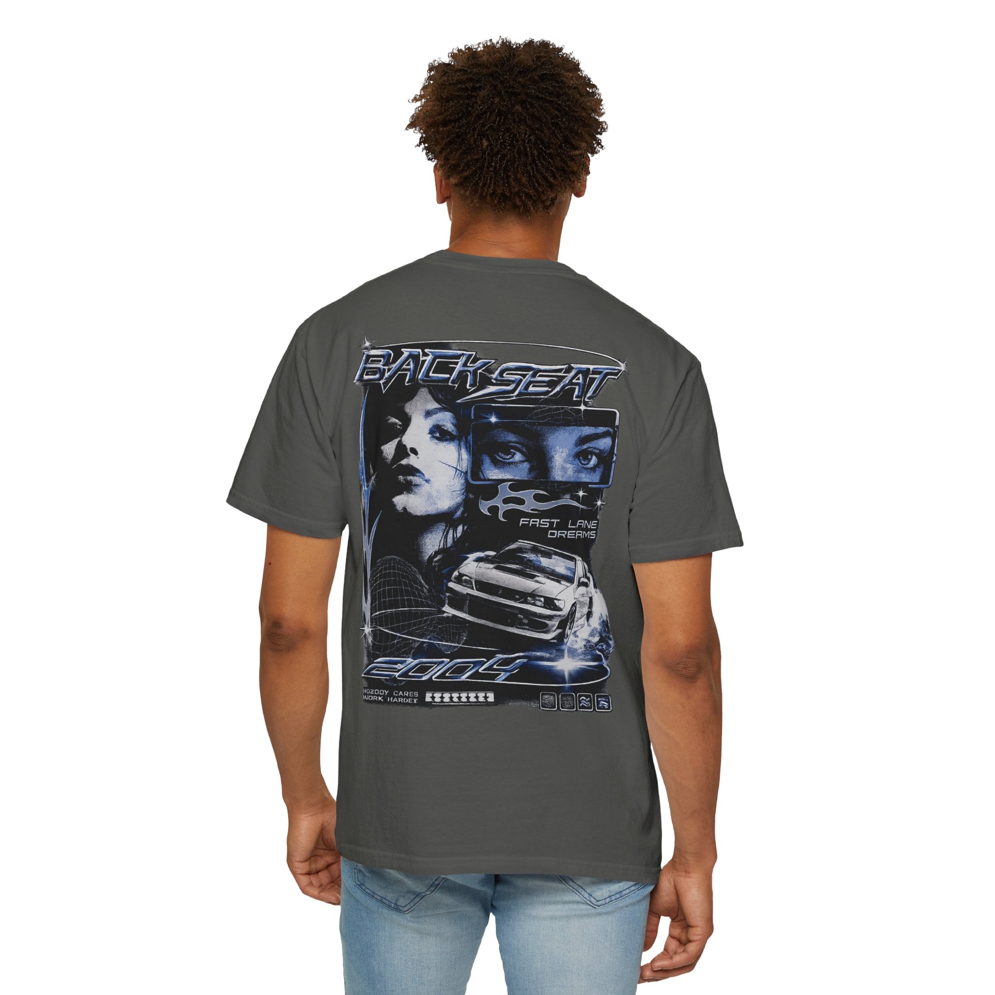 BACKSEAT Midnight Blue Graphic T-Shirt — Retro Racing Streetwear Tee