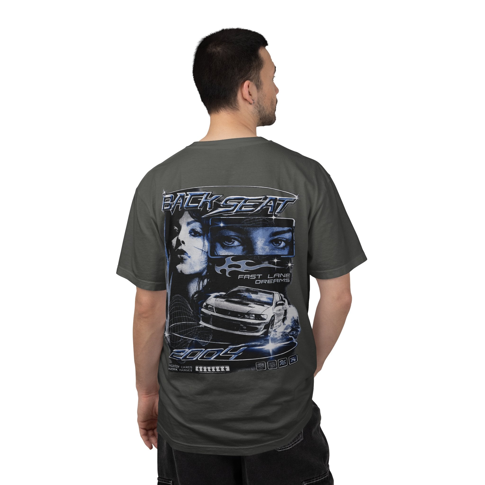 BACKSEAT Midnight Blue Graphic T-Shirt — Retro Racing Streetwear Tee