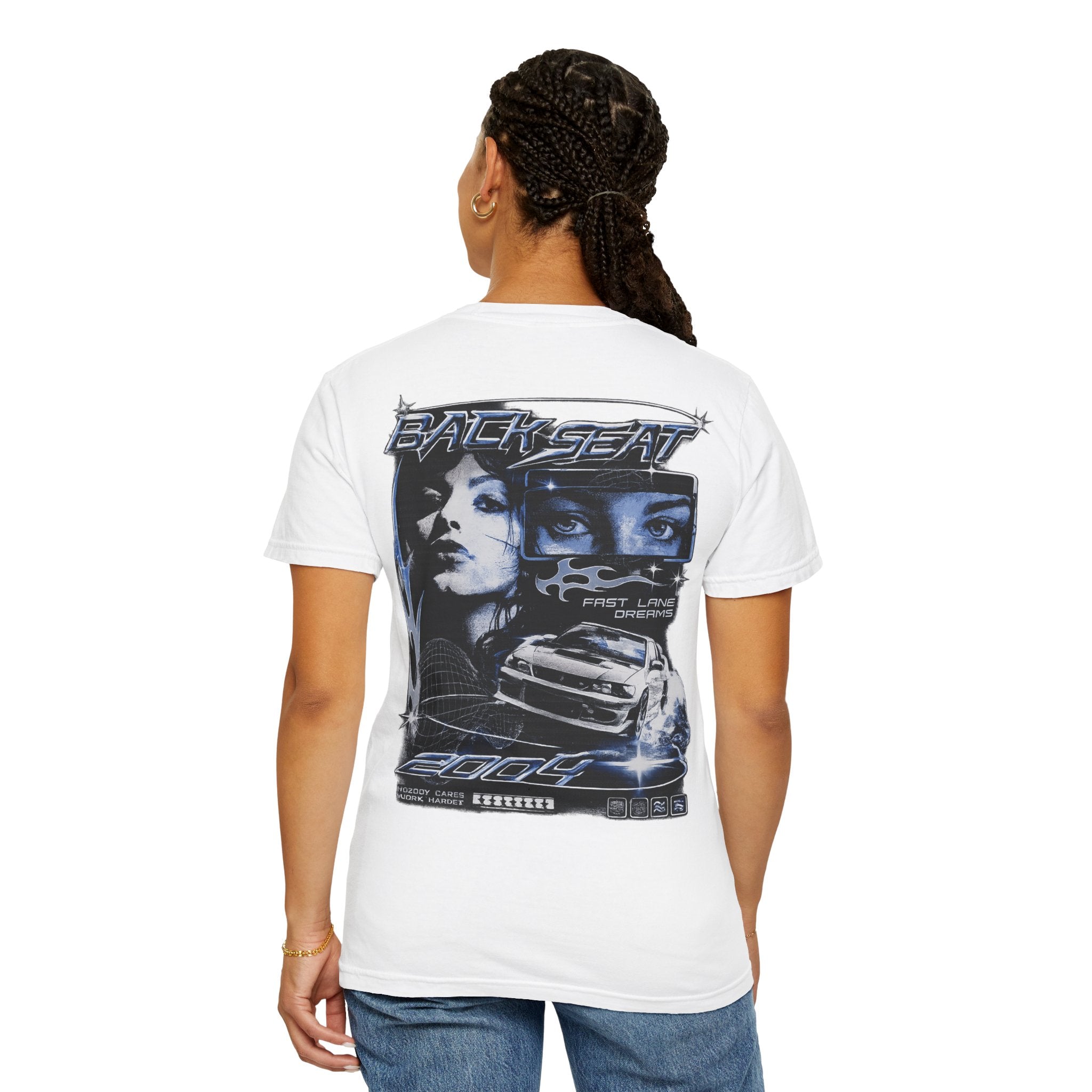 BACKSEAT Midnight Blue Graphic T-Shirt — Retro Racing Streetwear Tee