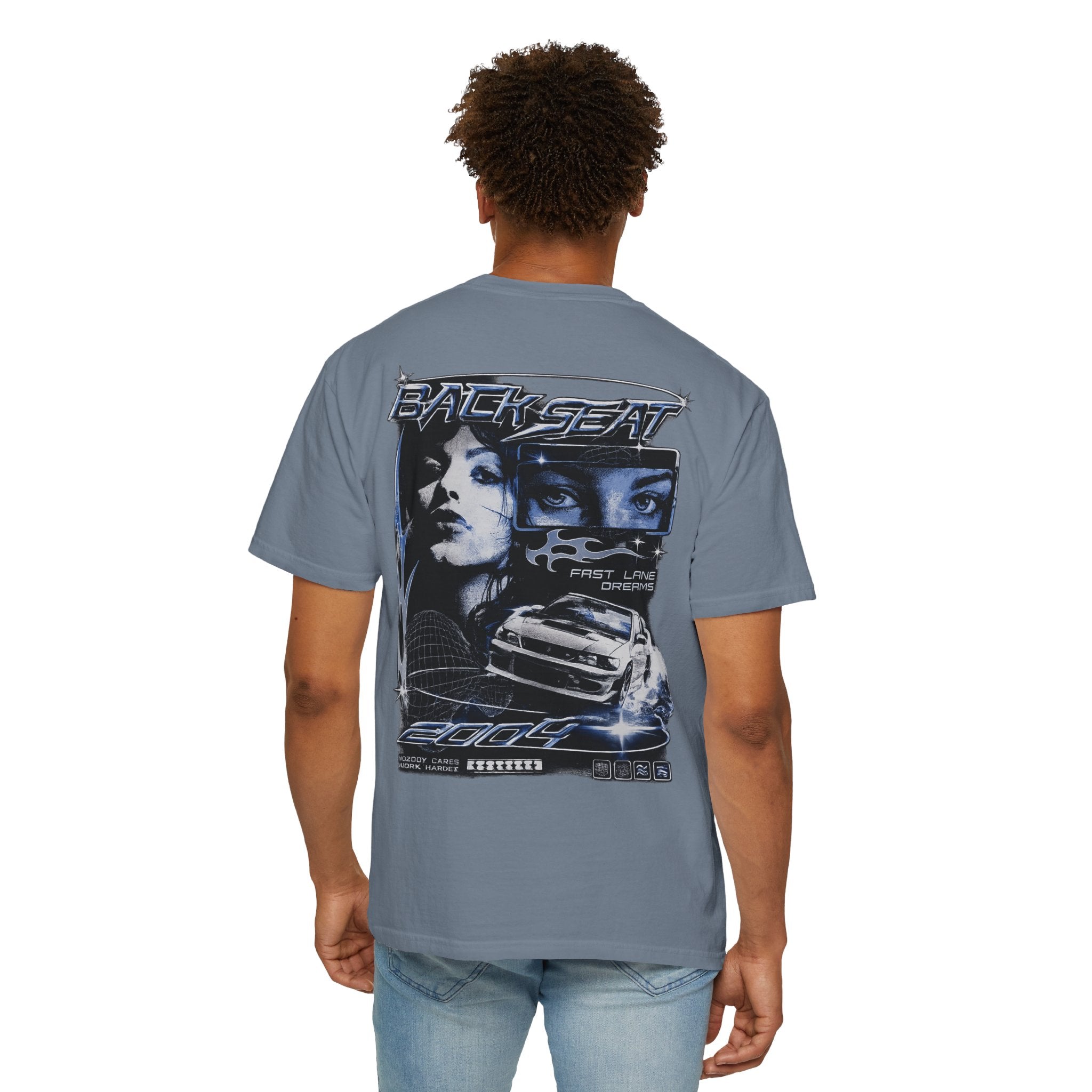 BACKSEAT Midnight Blue Graphic T-Shirt — Retro Racing Streetwear Tee